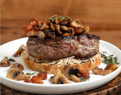 Filet Mignon with Pork Belly Mushroom Topping
