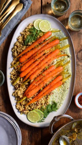 Glazed Carrots with Carrot Top Tahini Sauce
